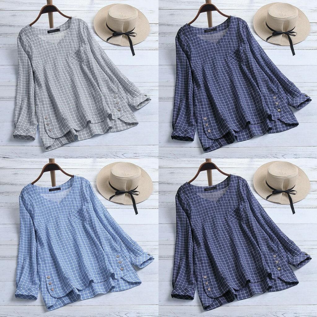Women's Long Sleeve Plaid Check Shirt Tops V Neck Casual Asym Hem Blouse For Everyday Elegance