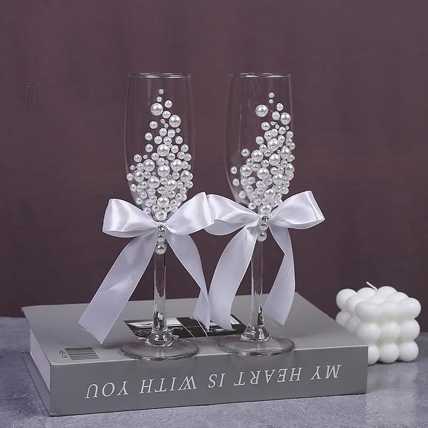 2Pcs Pearl Bowknot Wedding Champagne Flutes