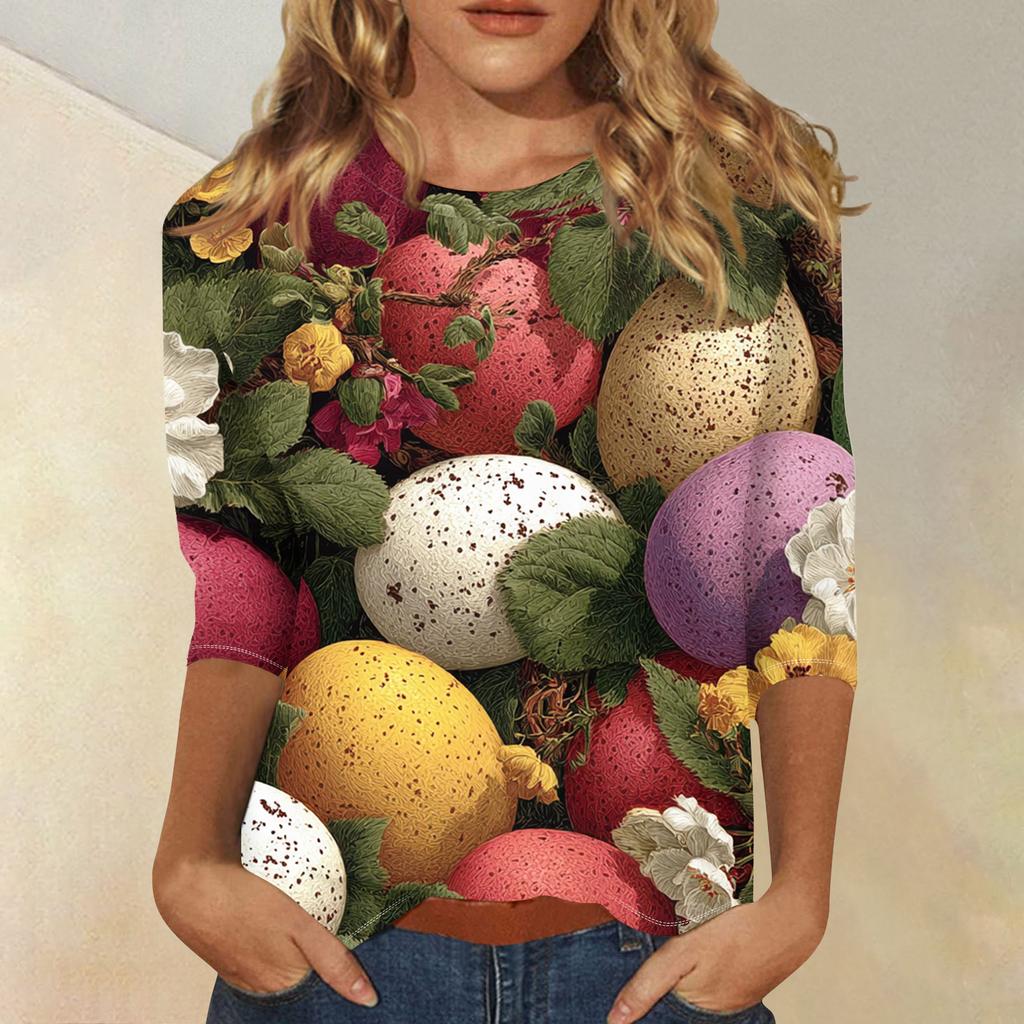 Women's Fashionable Casual Three-quarter Sleeve Easter Print Round Neck Pullover Top