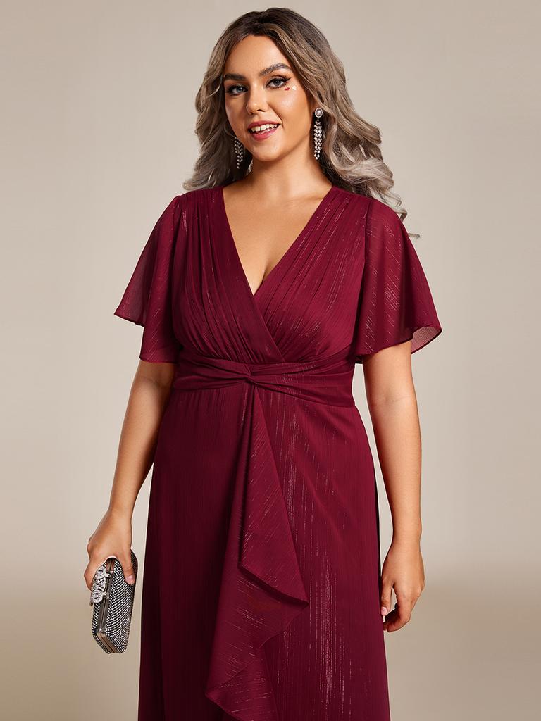 Ever-Pretty Women's Plus Size Shimmer Short Sleeve A-Line Midi Wedding Guest Dress with Ruffled Hem