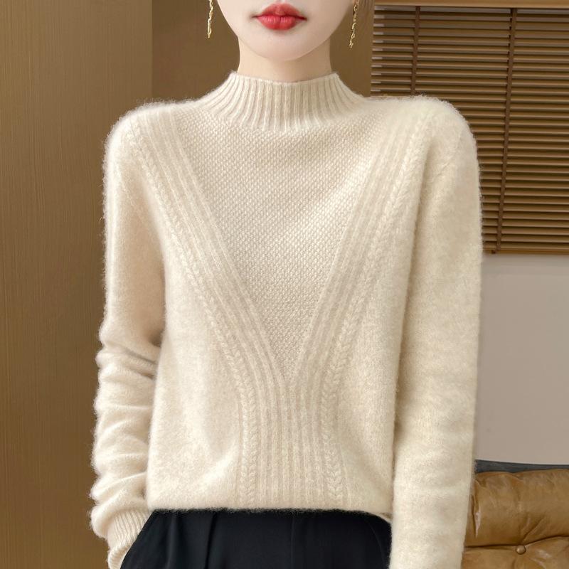 

New Autumn and Winter Jacquard Thickened Half-high Neck Sweater for Women Fashion Versatile Warm and Comfortable Cashmere Knitted Base Shirt M