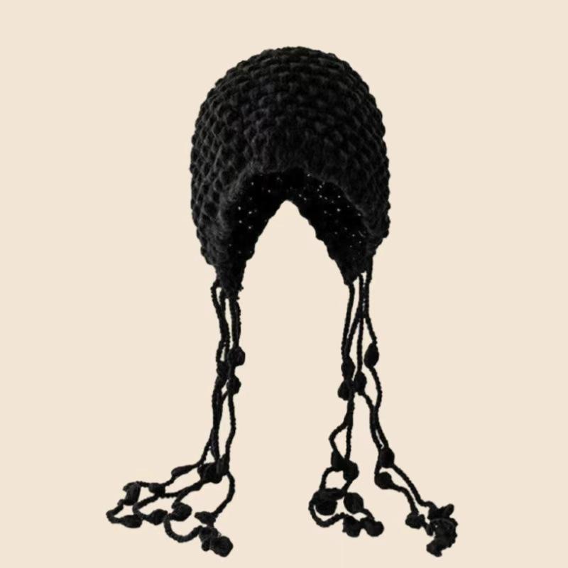 

Fashionable Hollow Knitted Hat for Women In Autumn and Winter New Style Tassel Ball Woolen Hat with Big Head and Round Head Small Face one size