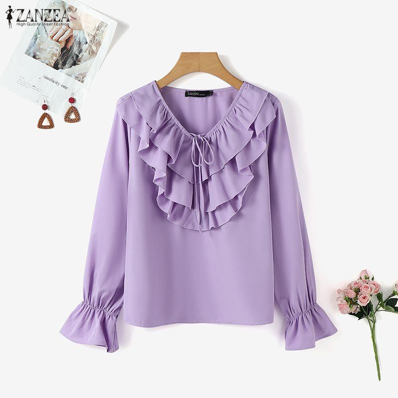 ZANZEA Dámská volná ležérní halenka s volánky, výstřihem do V a dlouhým rukávem