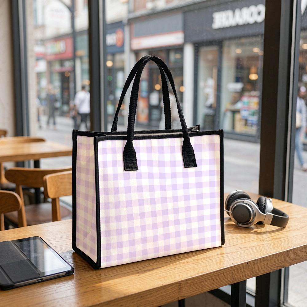 Lilac Plaid Canvas Tote Bag Large Casual Daily Handbag for Shopping Commute