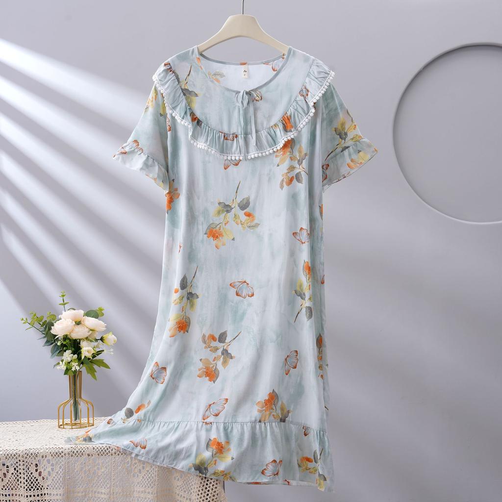 1011 new spot women's spring, summer and autumn cotton silk loose thin large version nightdress simple and comfortable loungewear