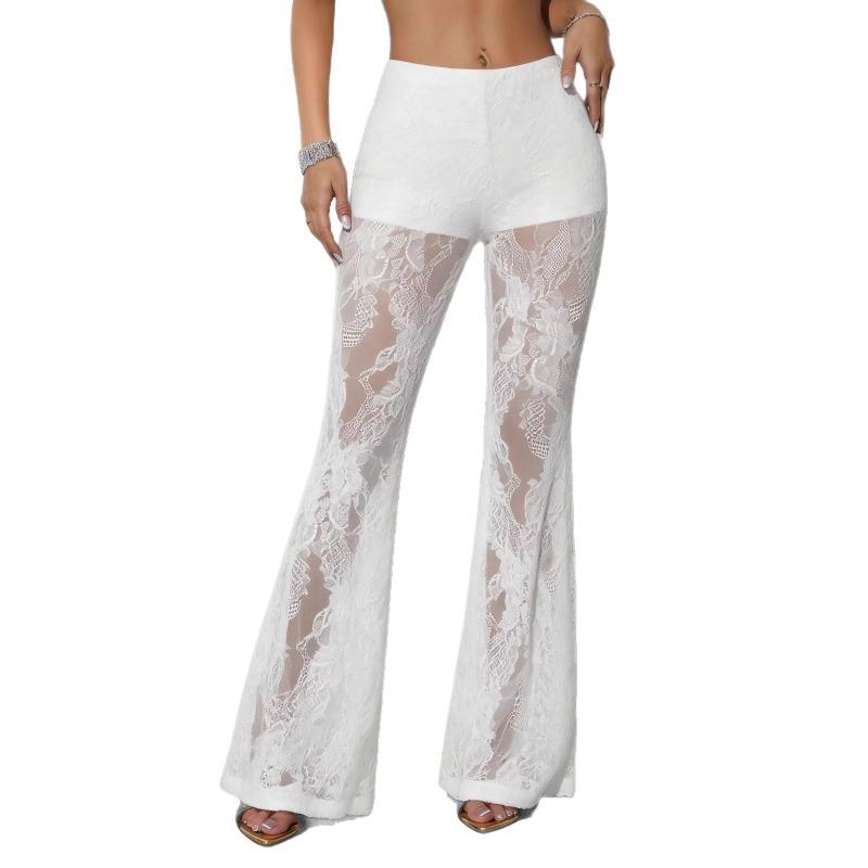 Pantaloni Lunghi da Donna in Pizzo Trasparente a Zampa Slim Fit