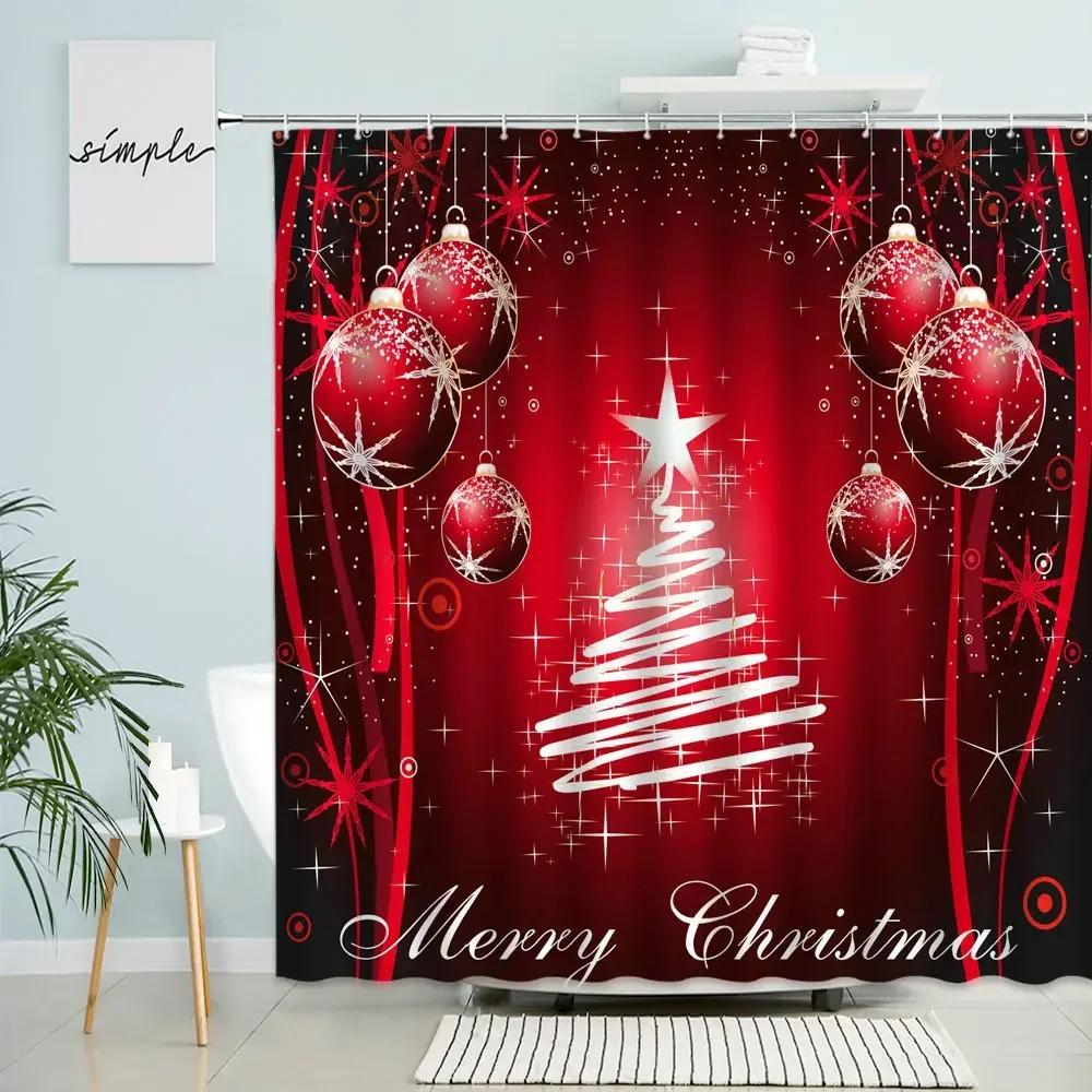 

Счастливого Рождества Занавеска для душа Рождественская елка Рождественский шар Красный фон Вечеринка Декор стены ванной комнаты С крючками Водонепроницаемый экран 90x180cm-35x70in