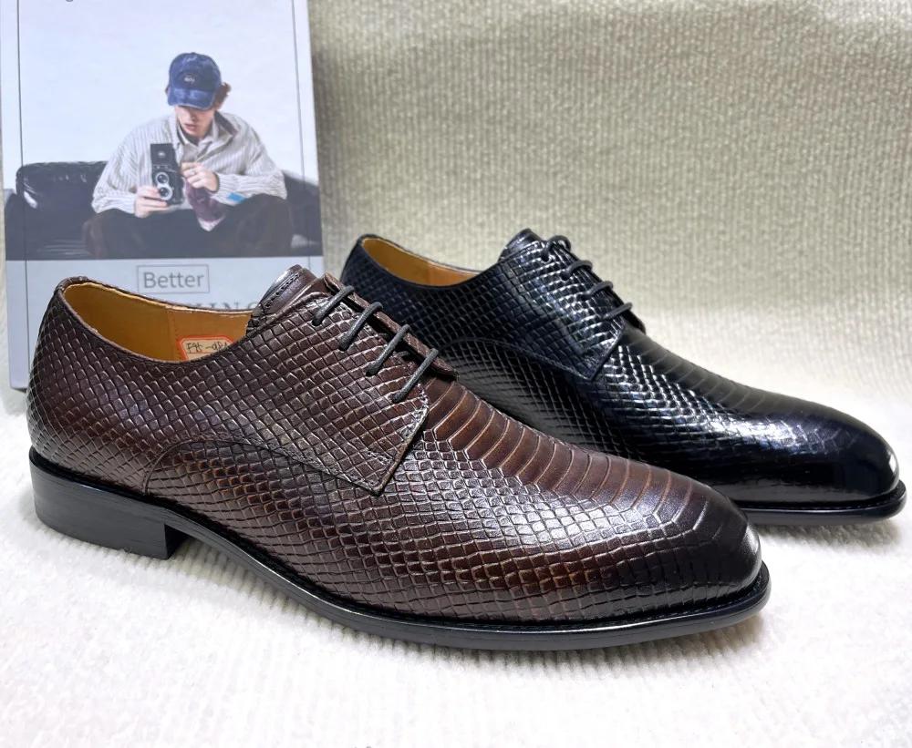 Fashion Classic Men's Genuine Leather Formal Shoes Round Toe Derby Handmade Lace-up Wedding Business Office Dress Shoes