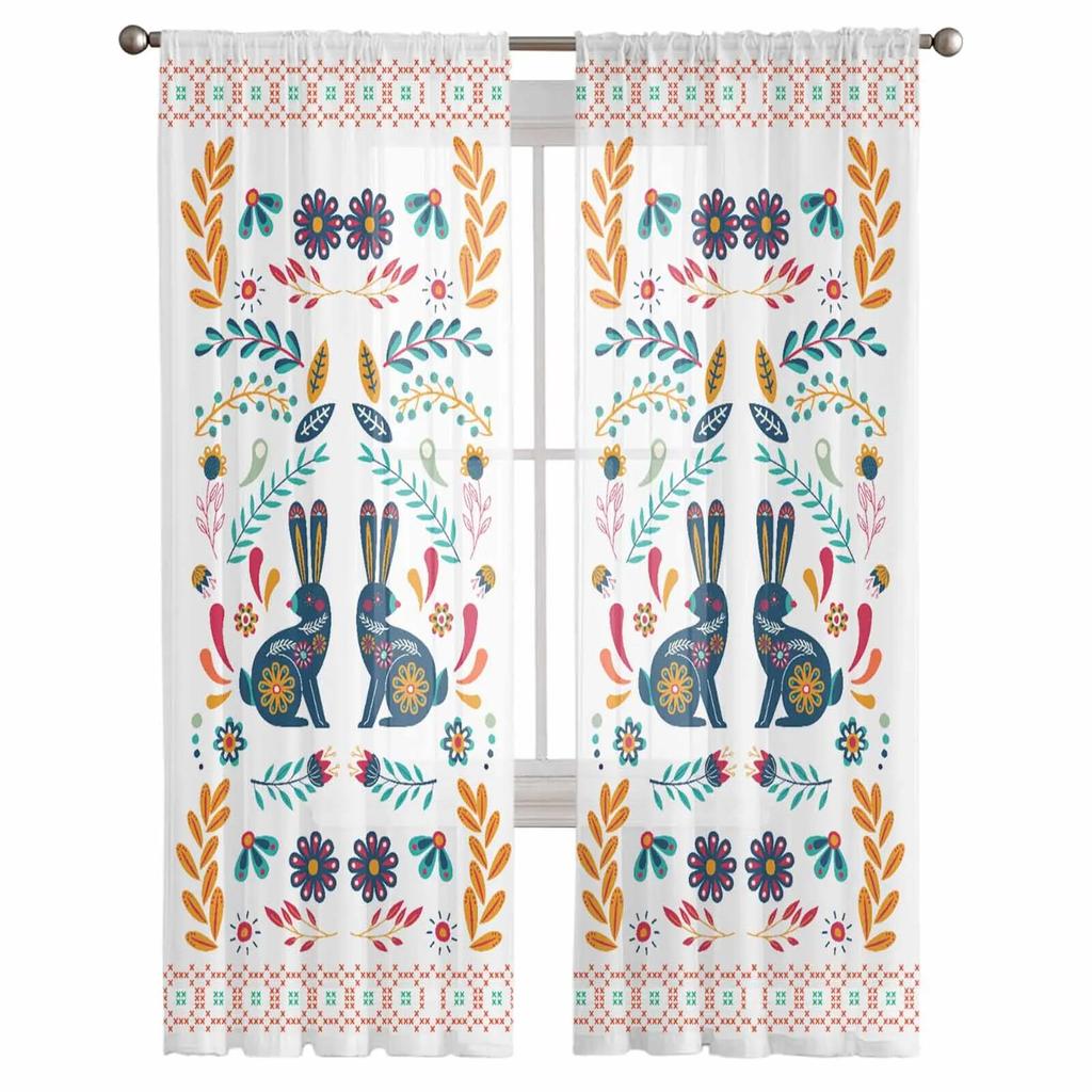 Easter Bunny Floral Boho Tulle Curtains for Living Room Sheer Curtain for Bedroom Kitchen Blinds Voile Curtains