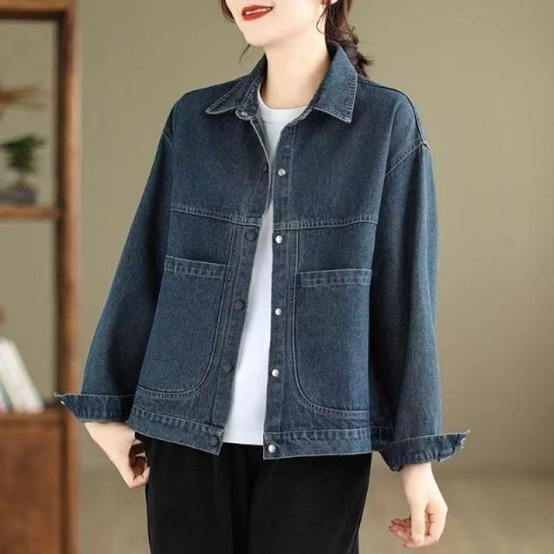 Women Casual Denim Jackets Autumn Vintage Style Turn-down Collar Loose Female Long Sleeve Jeans Coats