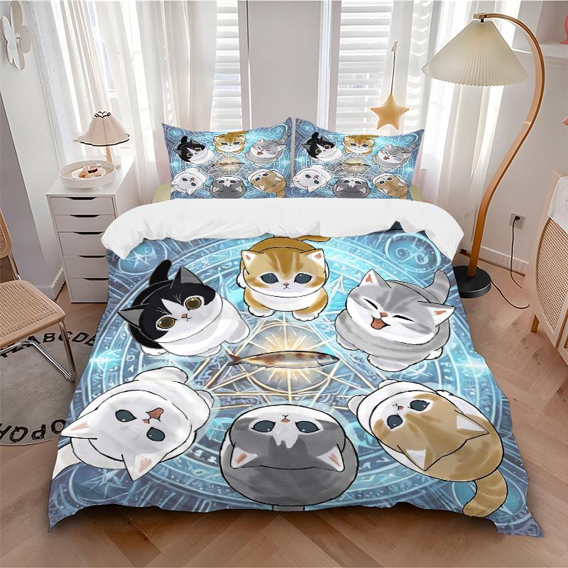 3pcs Six Cute Kittens Quilt Set - Soft and Comfortable Bedroom, Guest Room and Dorm Decor Bedding Set 1 Quilt Cover + 2 Pillowcases.L096