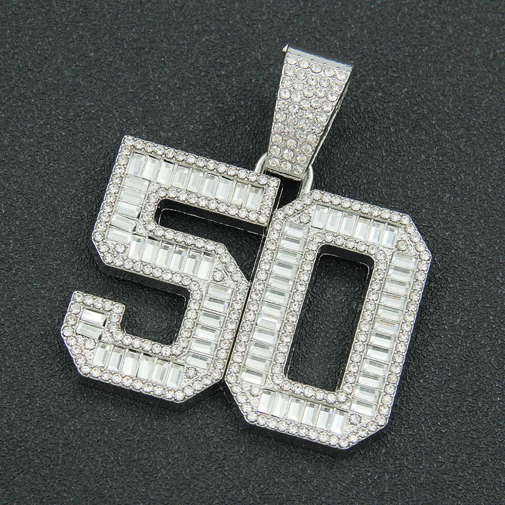 High Street Hip Hop Herren Personalisierte Trendige Marke Quadratisches Süßigkeiten Glas Diamant Voll Diamant Nummer 50 Anhänger Schmuck Cubanische Kette gray