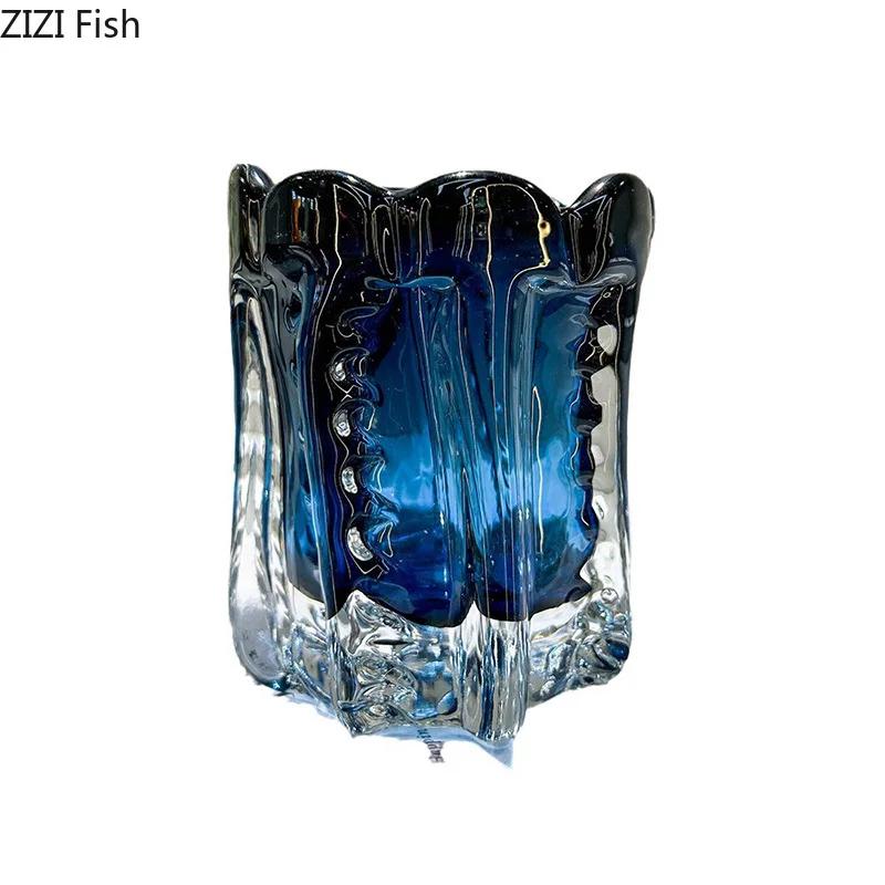 Forest Green Glass Vase Creative Wrinkled Flower Pots Desk Decoration Flowers Arrangement Floral Vases Room Aesthetic Decor