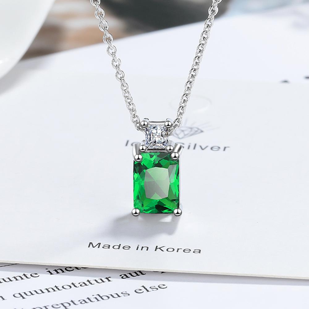 925 Sterling Silver Simple Multi-color Rectangular Zircon Pendant Necklace Anniversary Birthday Wedding Party Gift