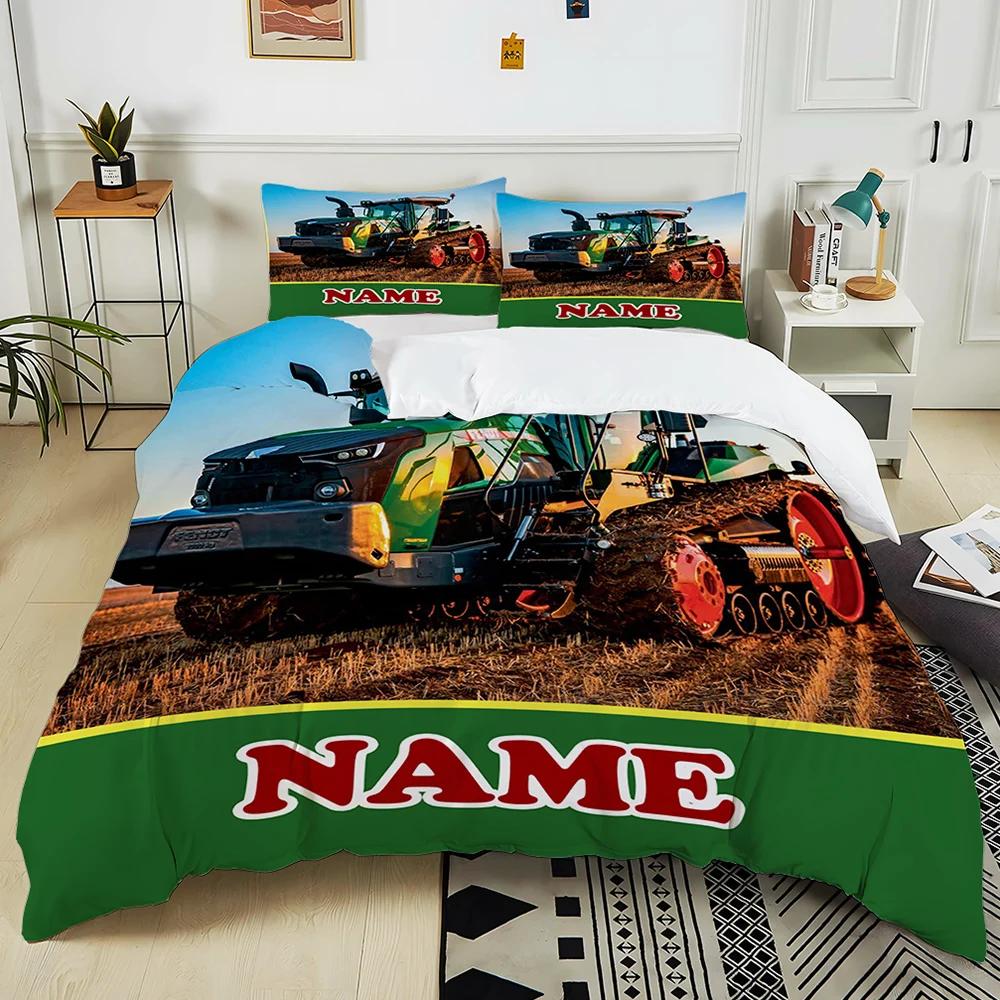 New! Personalized Custom Name Retro Tractor Pattern Printed Bed 3-piece Set Children Adult Soft Bedding Christmas Halloween Gift