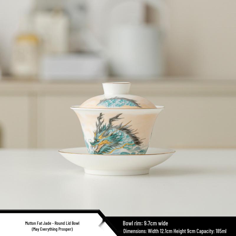 Sheep Fat Jade Kung Fu Tea Set: Gaiwan, Tea Filter, Gong Dao Bei, & Tea Cup