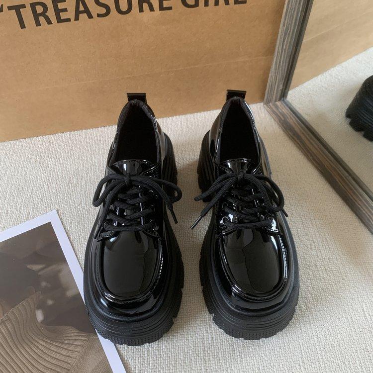 Black Brown Thick-soled Heightening Small Leather Shoes Women's Muffin Bottom Lace-up Round Head Retro Single Shoes