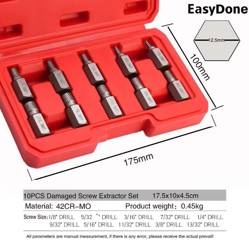 With Storage Case 10-Pack Hexagonal Head Bolt Remover, Multi-Spline Screw Extractor Set Chrome Moly Alloy Steel