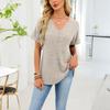 Women's Color V-Neck Short Sleeve T-Shirt with Buttons, Loose Fit Ribbed Knit Top, Casual Spring Summer Tee