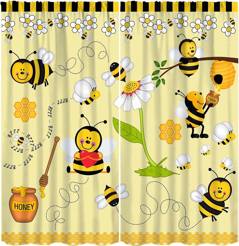 Rustic Honey Bee Curtains Honeycomb Daisy Floral Window Treatments Insulated Drapes Panel Sets Curtain With Rod Pocket Thermal Polyester