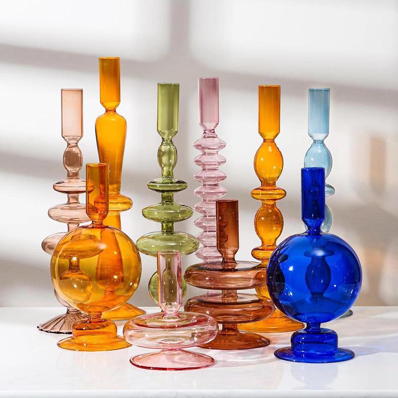1pc Bougeoir en Verre Vase à Fleurs Décoration d'Intérieur Porte-Bougie en Verre Nordique Vase à Fleurs Artisanat Vintage Romantique Porte-Bougie