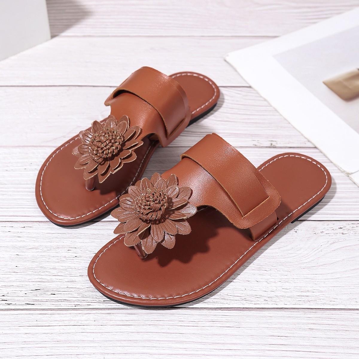 

Цветочные пляжные шлепанцы на плоской подошве женские 2025 лето новые большого размера повседневные с перемычкой между пальцев женские 35 темно-коричневого