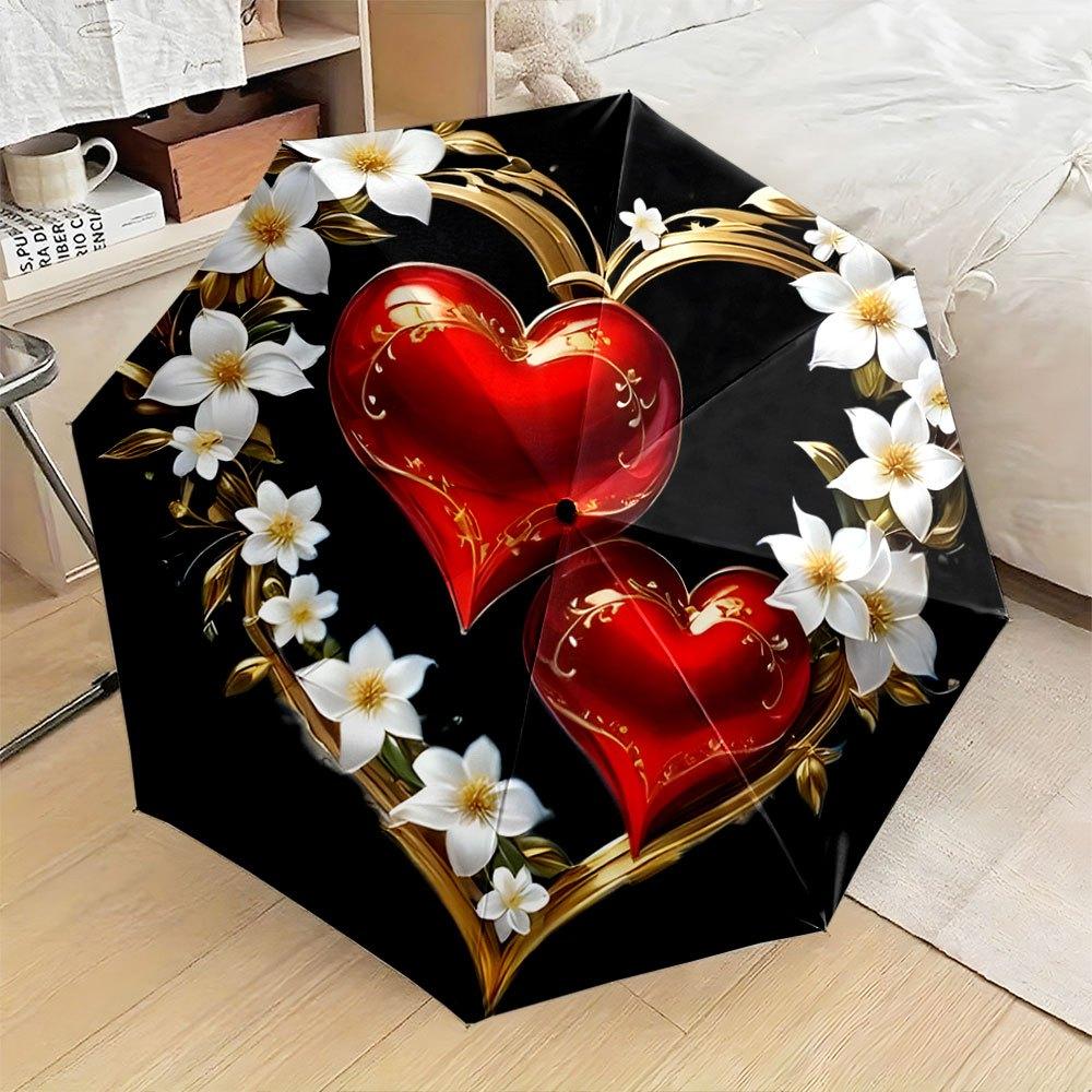 

Open/Close Portable Folding Umbrella with Red Heart White Flower & Golden Swirl Design - Compact Travel Umbrella, Close for, 2 (as the picture,Iron&8K)