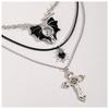 Multi Layer Black Beaded Cross Bat Heart Star Gothic Stacked Clavicle Necklace For Women