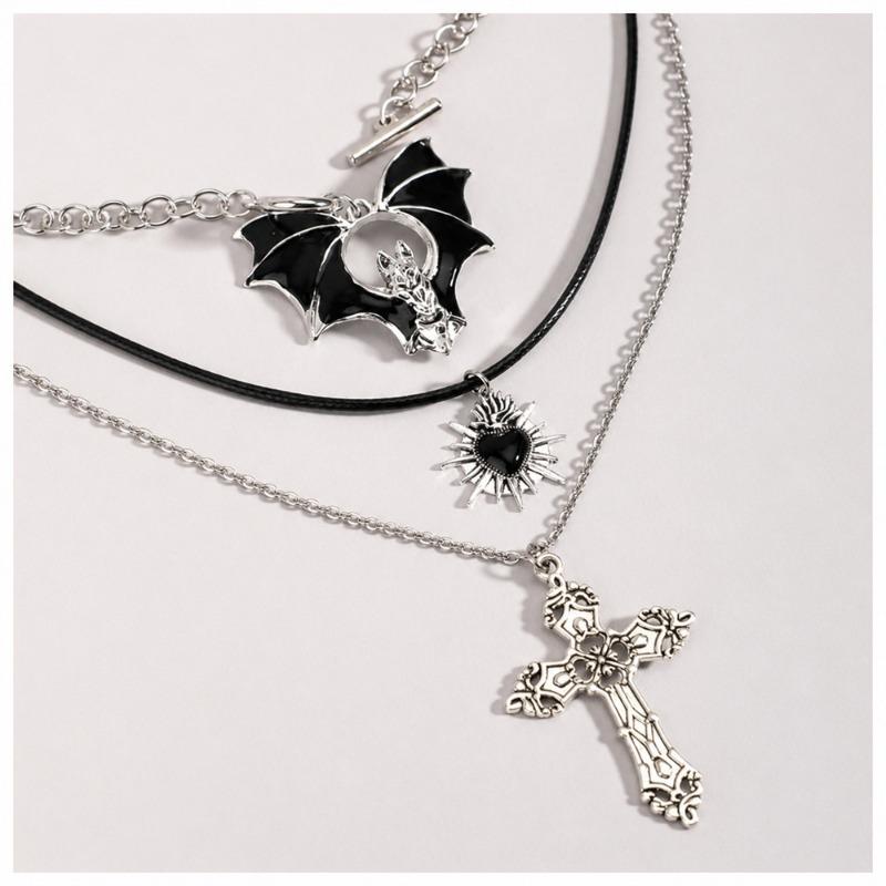 Multi Layer Black Beaded Cross Bat Heart Star Gothic Stacked Clavicle Necklace For Women