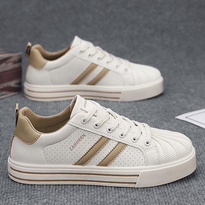 Board Shoes Men'S Casual Shell Head Leather Surface Two Bars Sports Breathable Trend White Shoes