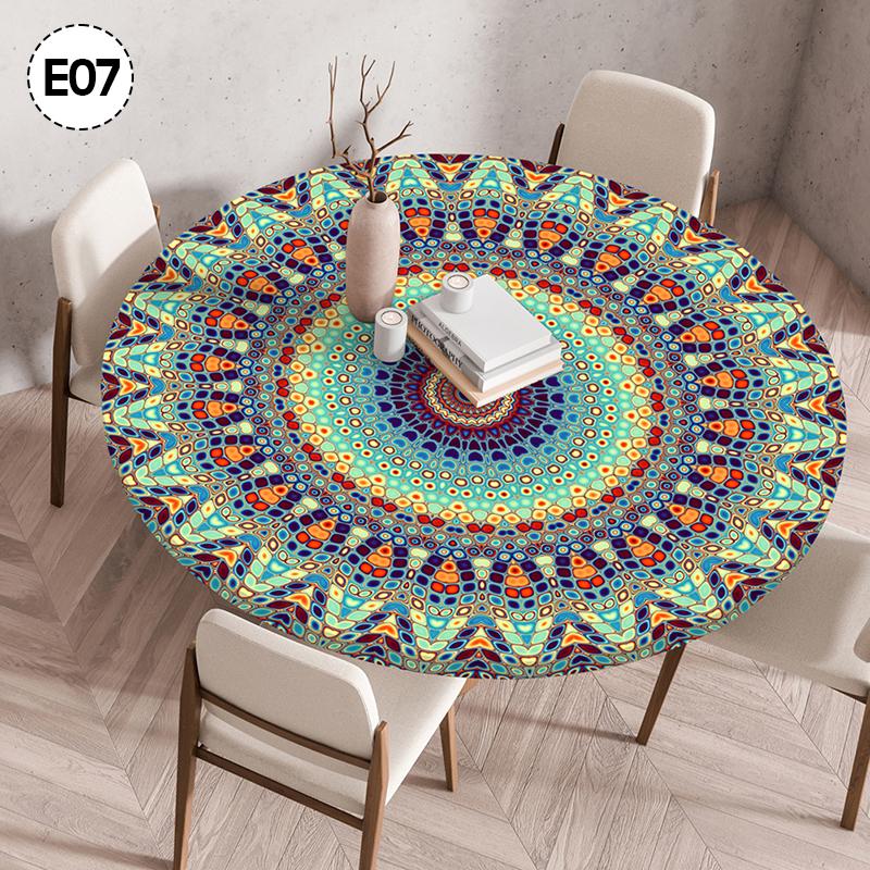 Mandala-bedeckter runder Tischbezug, nicht waschbar, wasserdicht, ölabweisend, staubdicht, elastische böhmische Tischdecke für Heimdekoration