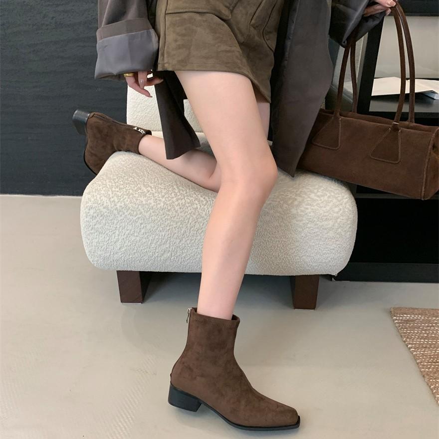 2025 autumn and winter new thick heel suede Korean small ankle boots women's versatile fashion thin boots short boots