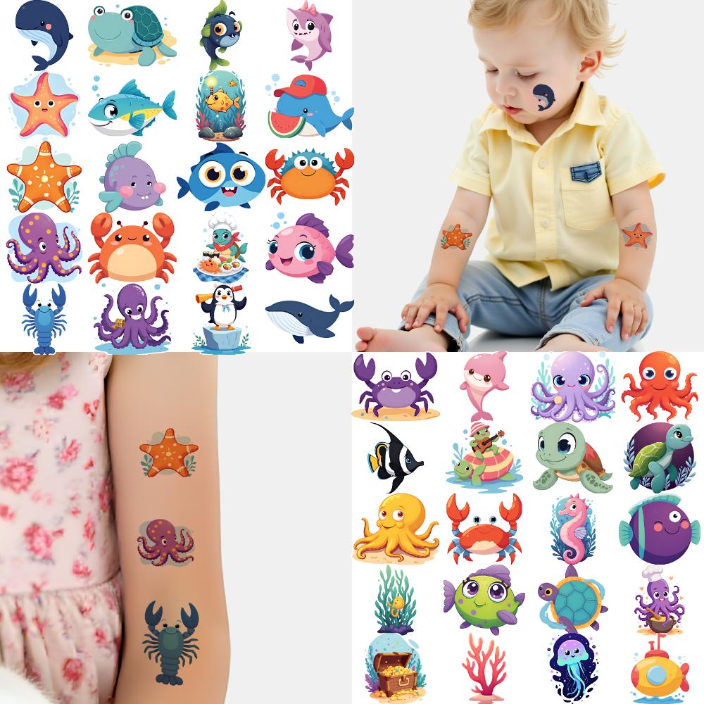 54pcs Temporary Tattoo Cartoon Creatures Temporary Tattoo Stickers Ocean Animals Waterproof Long-lasting Body Stickers For