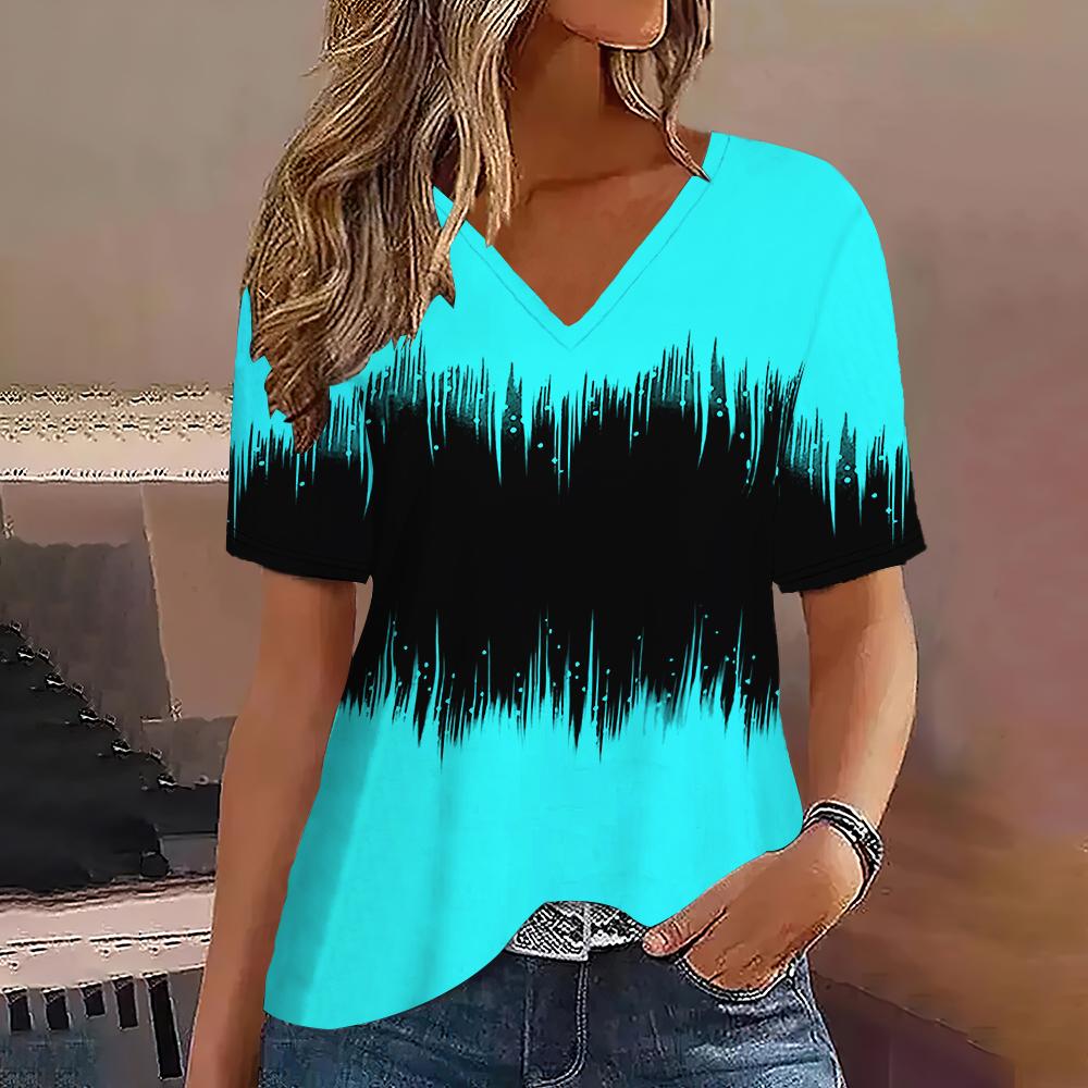 New Vintage Striped 3d Print T-shirt Women Fashion Gradient V-Neck Short Sleeve Basic T Shirt Summer Oversized Tops Tees Female