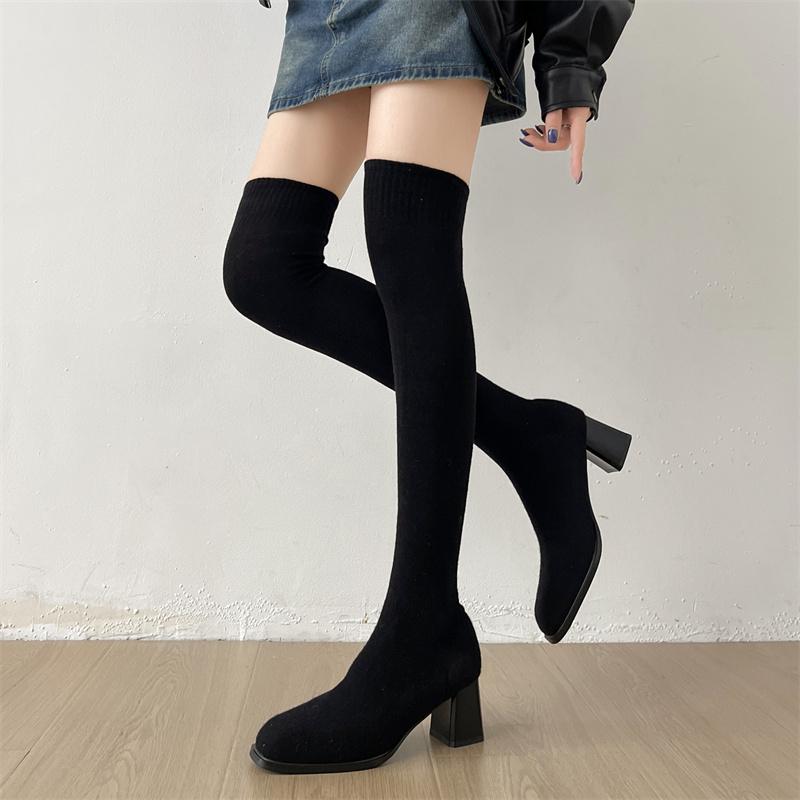 Fashion Tall Sock Boots Autumn New Round Toe Knit Breathable Square Heel Non-Slip Wear-Resistant High Heels