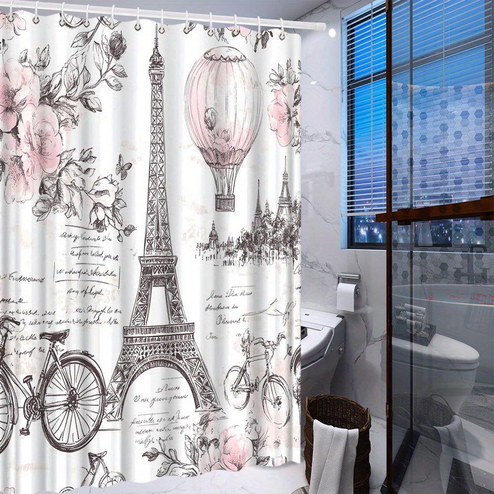 Rideau de douche luxueux Tour Eiffel Parisienne Décor de salle de bain floral rose vintage Polyester Rideau imperméable Décoration de maison S
