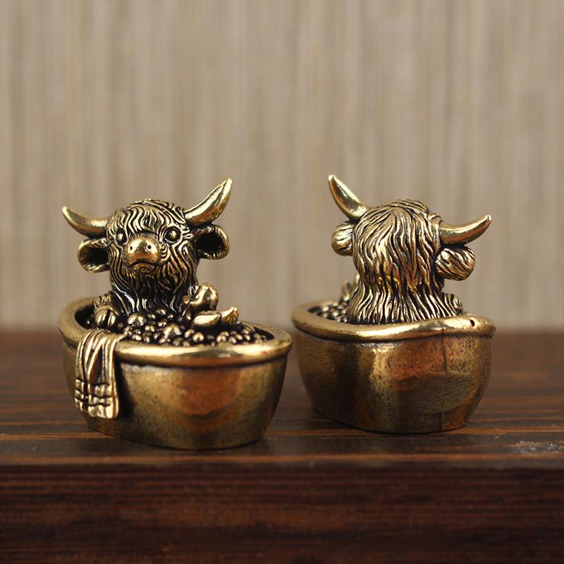 

Vintage Brass Highland Cattle Tea Pet Desk Ornament Creative Home Office Decor Unique Gift латунный