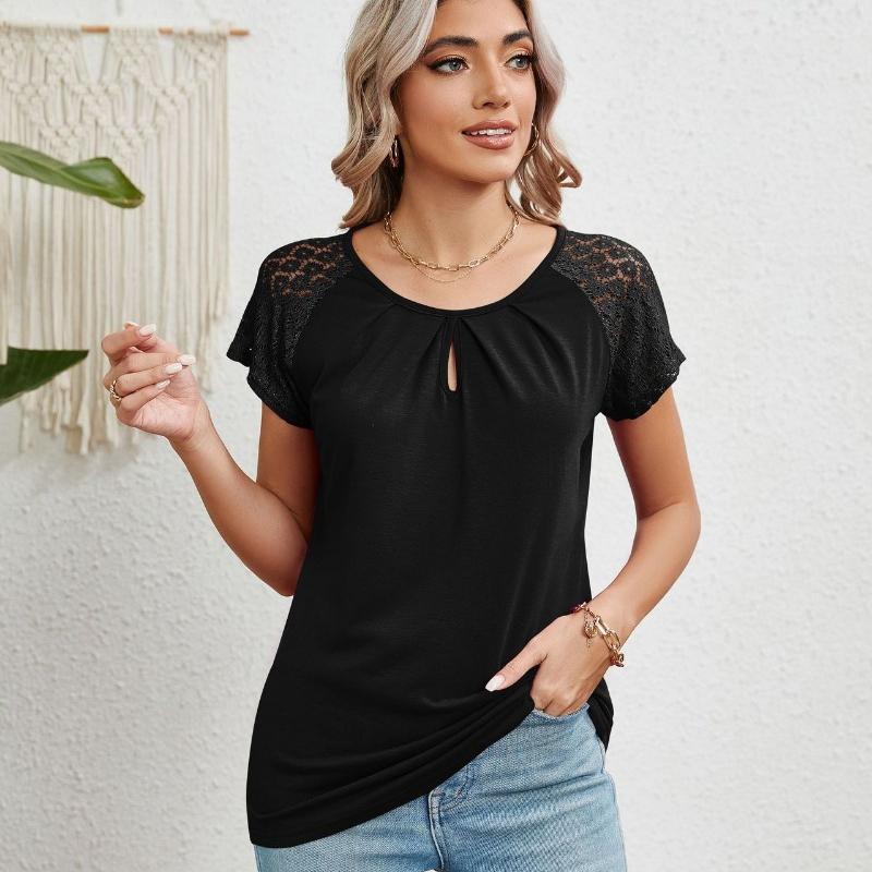 2024 Summer Lace Short Sleeve Loose Blouse for Women Fashion Solid Round Neck Casual Shirt Women Tops Elegant Simple Plus Size Female Blouses 24314