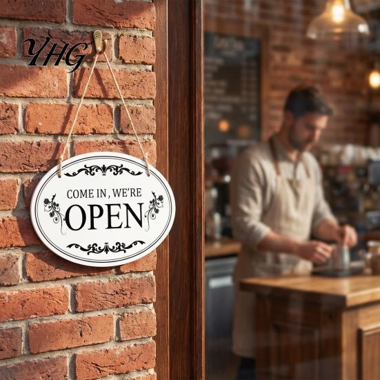 Rustic Hanging Business Sign Wooden Open Closed Sign, Double-Sided Door with Vintage Reversible Office Frame, Waterproof Storefront Indicator,