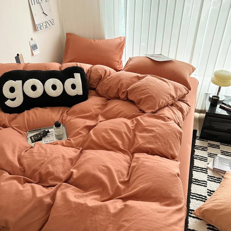 Washed Cotton Bed Linen Bedding Set 3/4 Pieces Bed Sheets Set Solid Color Comforter Cover Couple Queen King Size Bed Quilt Cover