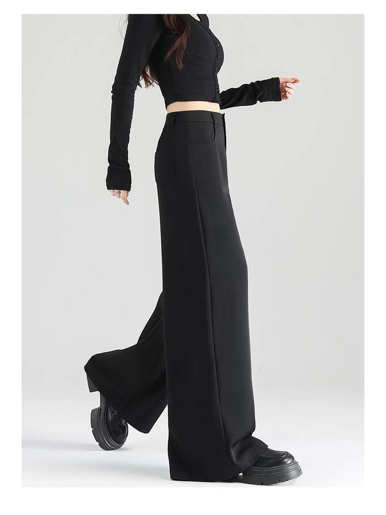 Women's 2025 Summer Black Wide-Leg Pants: Pear-Shaped, Slimming, High-End Drape, Loose Fit