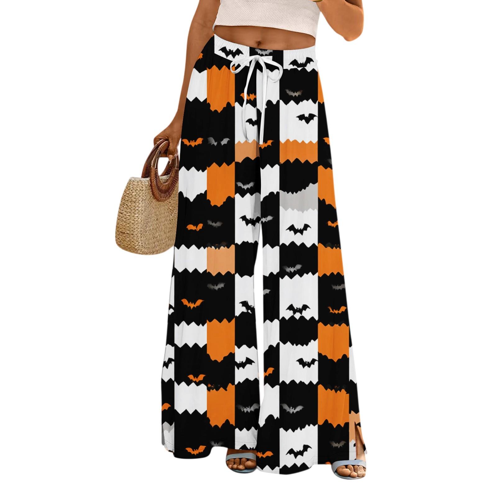 

Женские свободные и повседневные брюки с широкими штанинами с принтом на Хэллоуин, эластичным поясом, кулиской и карманом S белый
