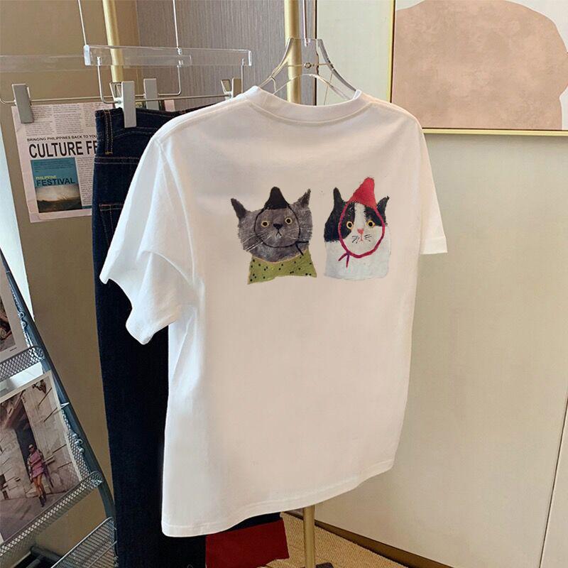 

Летняя хлопковая белая футболка с коротким рукавом женская 2025 новая свободная и тонкая футболка с нишевым дизайном S