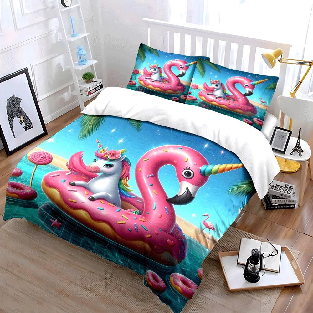 Einhorn Pool-Schwimmring Sommer-Set Exquisites Dreiteiliges Bettwäsche-Set Geschenk für Kinder und Erwachsene