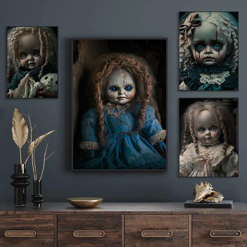 Vintage Gruselige Puppe Poster Blondes Haar Rissiges Gesicht Gotische Verfluchte Puppe Drucke Leinwandbild Wandbild Heim Wohnzimmer Dekor