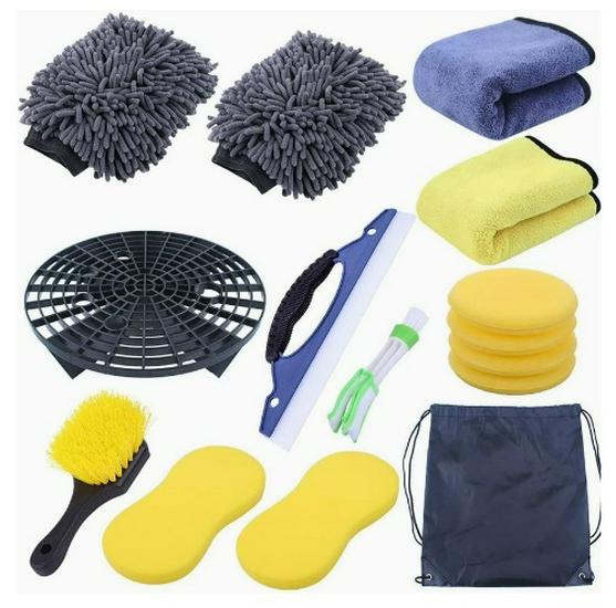 Car Cleaning Kit: 17-Piece Set with Drill Brush, Wheel Brush, Crevice Brush, Sponge, Glove for Interior & Exterior.