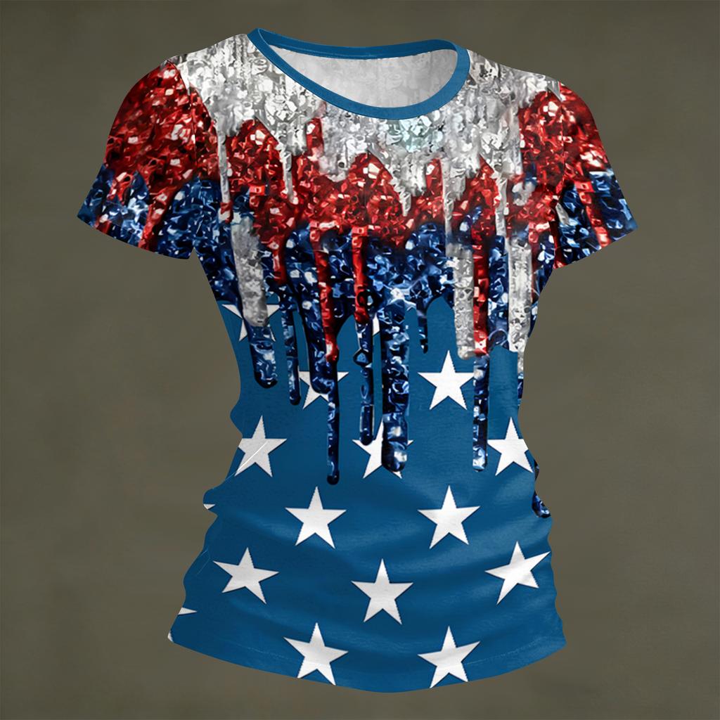 Women's Fashion Round Neck Independence Day Print Short Sleeve Loose Crewneck T-Shirt Top
