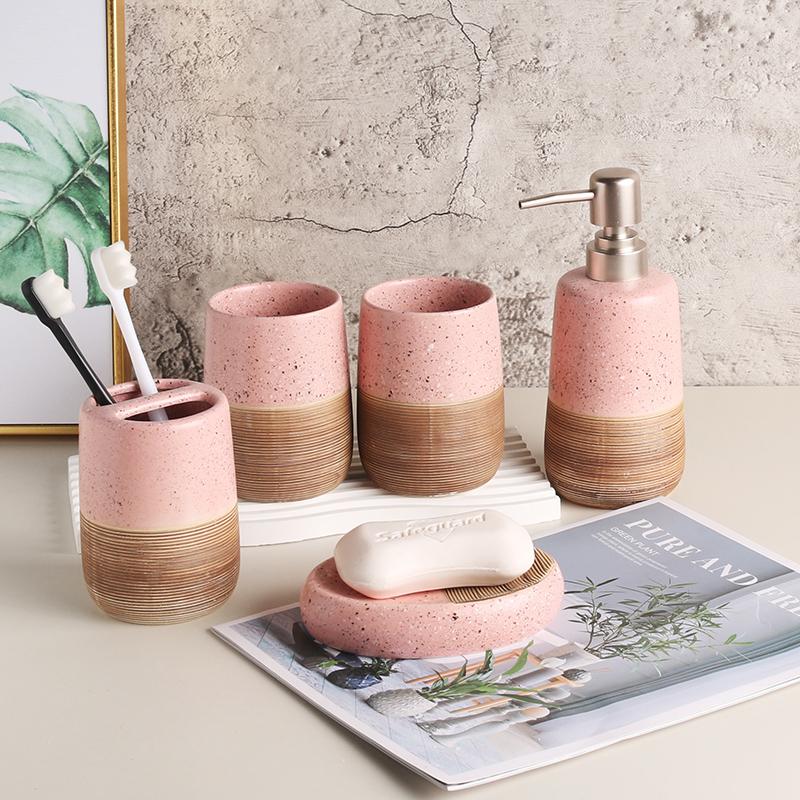 Pink ceramic toothbrush holder, mouth cup tooth cup soap dish dispenser lotion bottle bathroom accessories soap dispenser