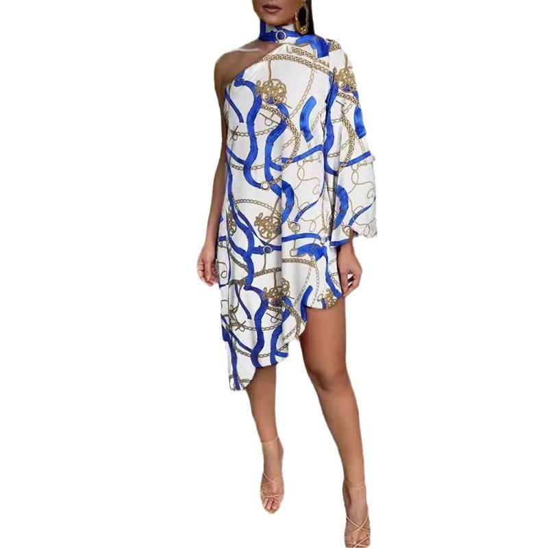 Sexy Ruffled Print One-sleeved Off-the-shoulder Dress