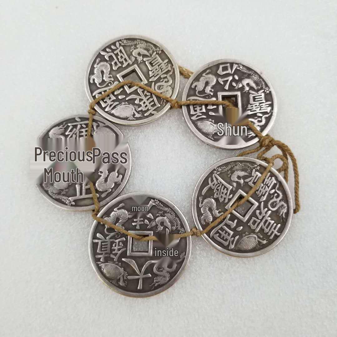 Antique-Inspired Five Emperors Coins Set with Hemp Rope - Qing Dynasty Replica, Copper, 43mm Diameter, 3mm Thick